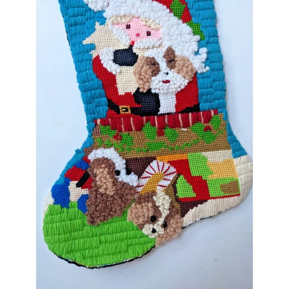 Vintage Needlepoint Christmas Stocking‎ Handmade Santa in Chimney Kitsch Retro